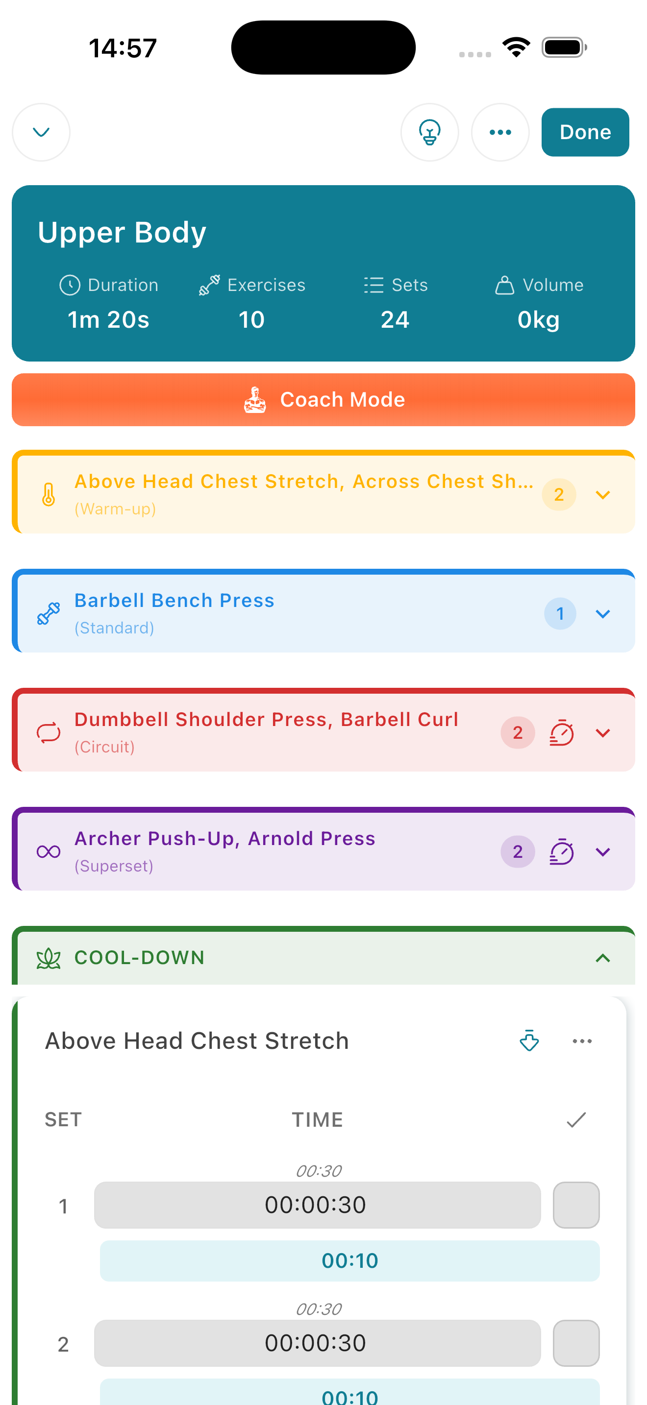 A Kairos plan, 'Upper Body' — colored blocks with exercises like Barbell Bench Press and a Circuit, and a Start Workout button.
